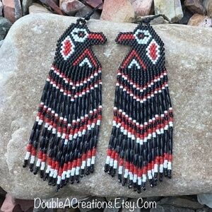 NATIVE Ravens Beaded Earrings with Fringe, New, Handmade by Me